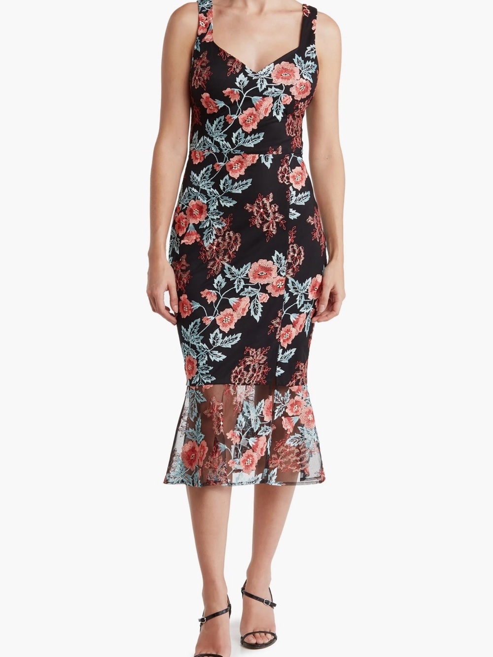 Guess Floral Mesh-Hem Midi Dress
